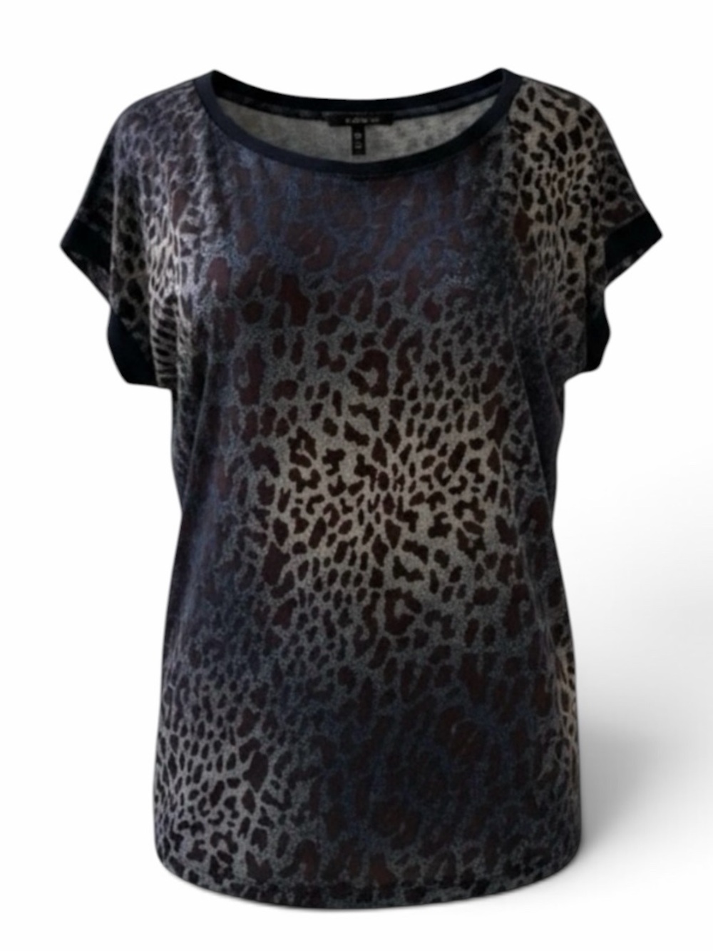 BeBe Black and Grey Leopard Print Short Sleeve Sheer Back Top Size Medium